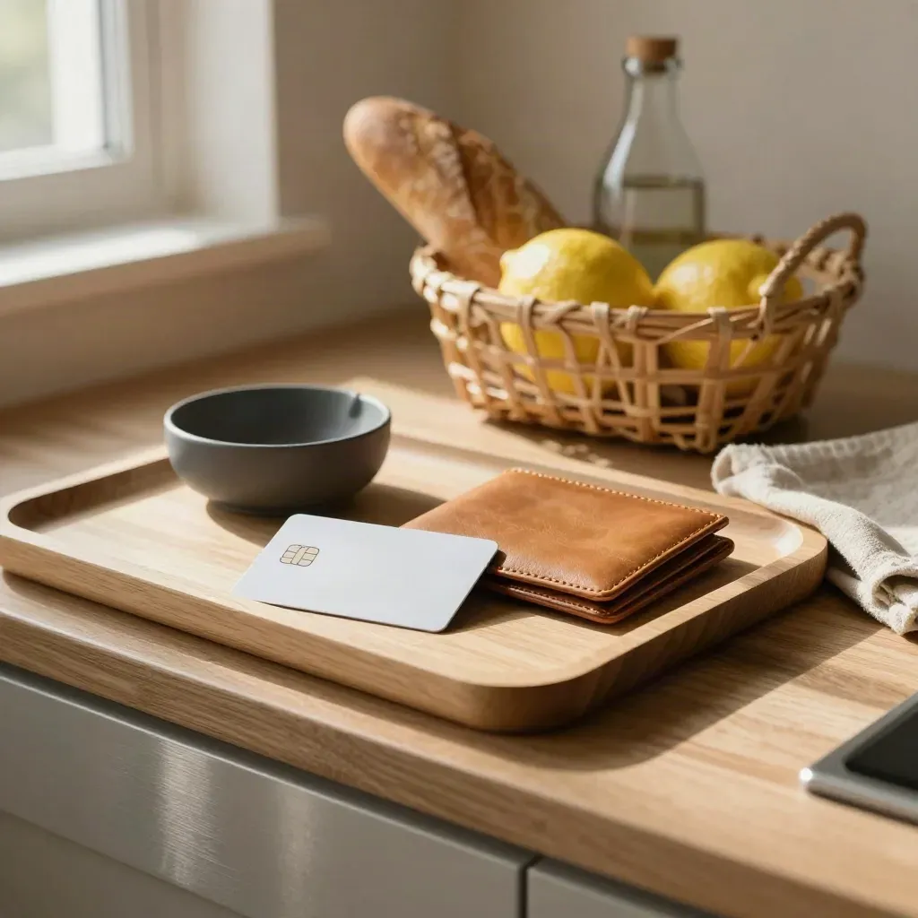 Vassoio domestico con carta chip, portafoglio, porta-chiavi e cestino della spesa su legno chiaro.