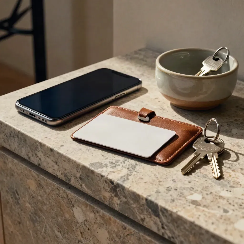 Console d’ingresso con carta bancomat, telefono, portafoglio e chiavi in una ciotola ceramica.