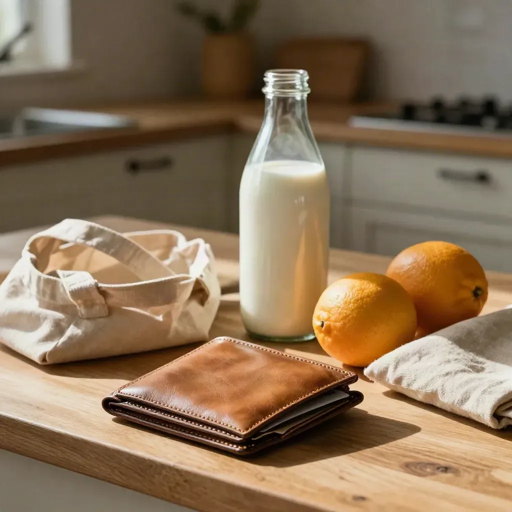 Portafoglio in pelle con carta di debito, borsa spesa, latte e agrumi su un banco cucina