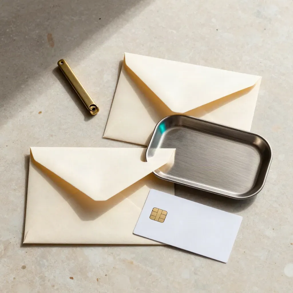 Buste sigillate, chip card e vassoio trasferimenti su marmo, luce radente.