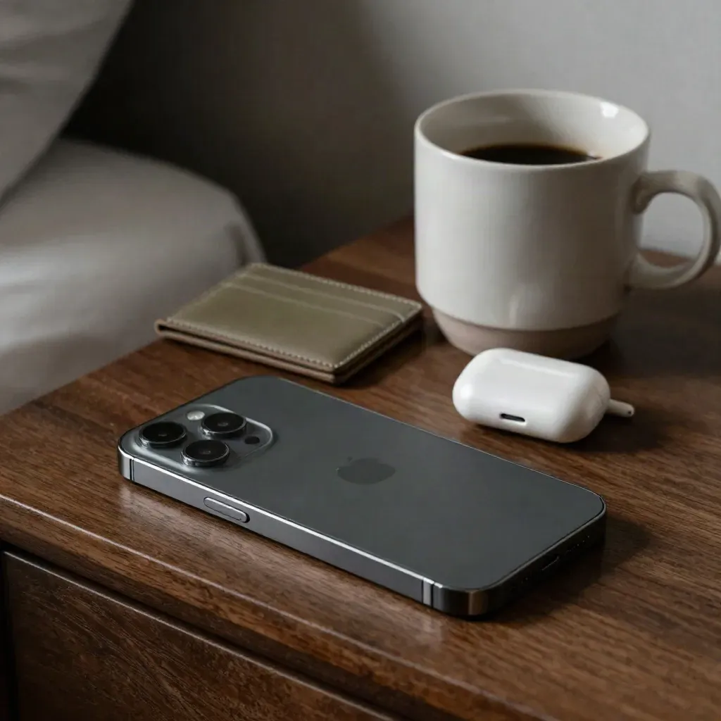 Smartphone capovolto, portacarte, auricolari e tazza sul comodino, luce notturna