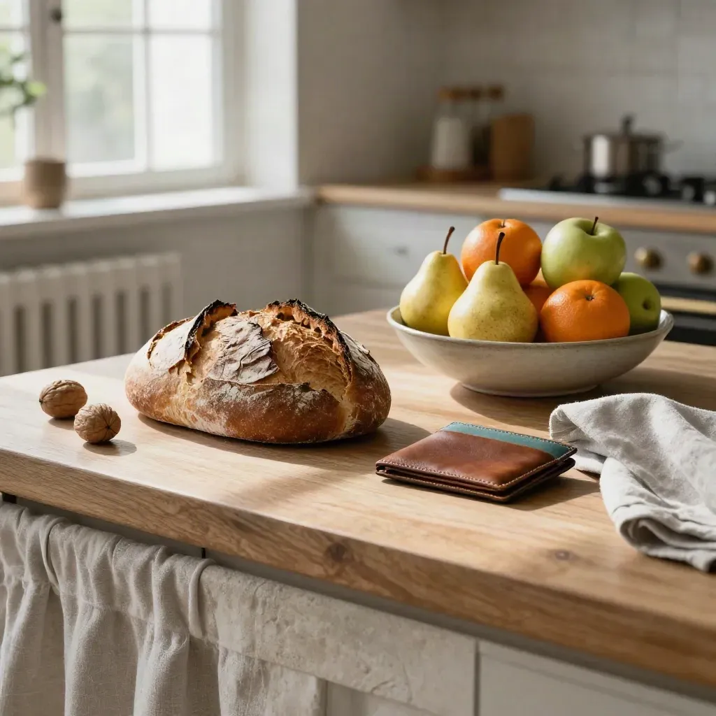 Bancone colazione in luce calda con pane, frutta e portacarte in pelle.