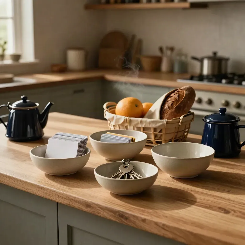 Ciotole in ceramica e portacarte in cucina, con chiavi e spesa ordinata.