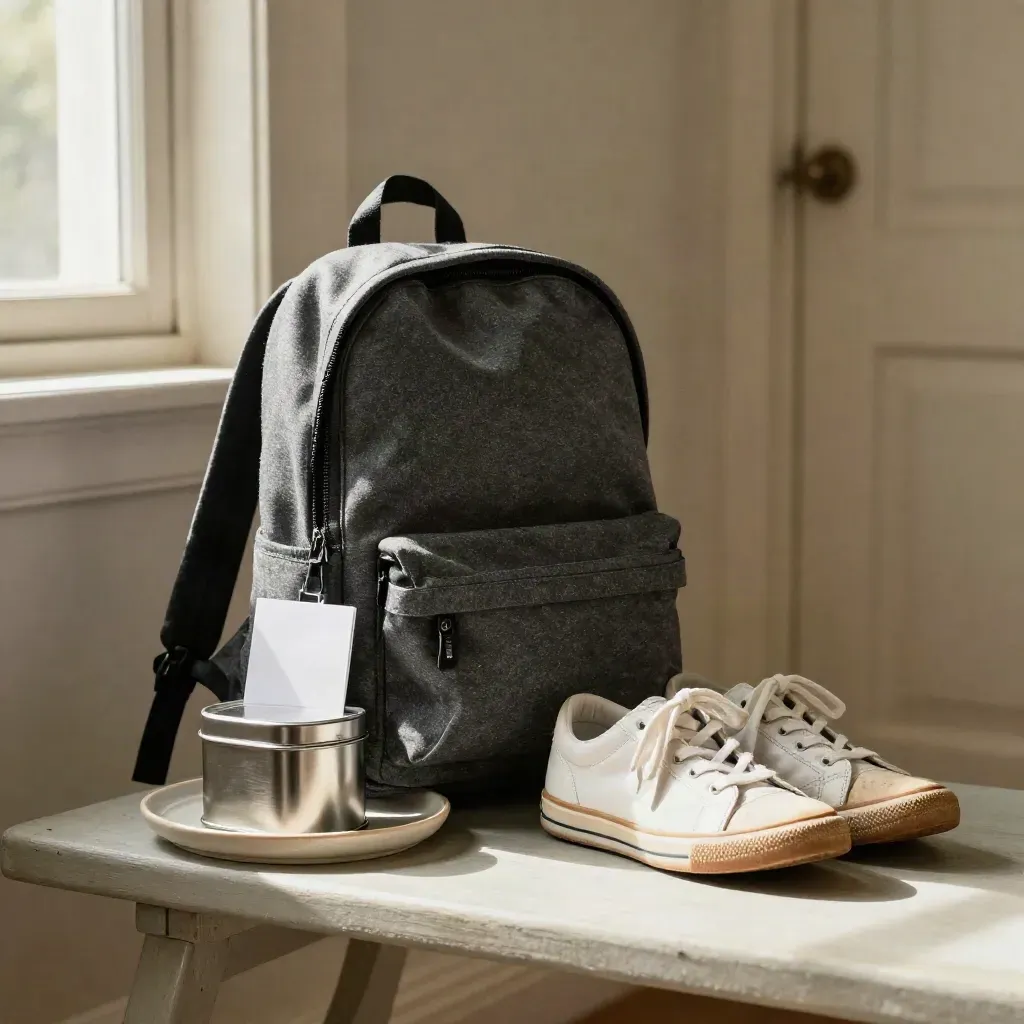 Zainetto, lunch box, sneakers e portacarta bianco su una panca, luce del mattino.