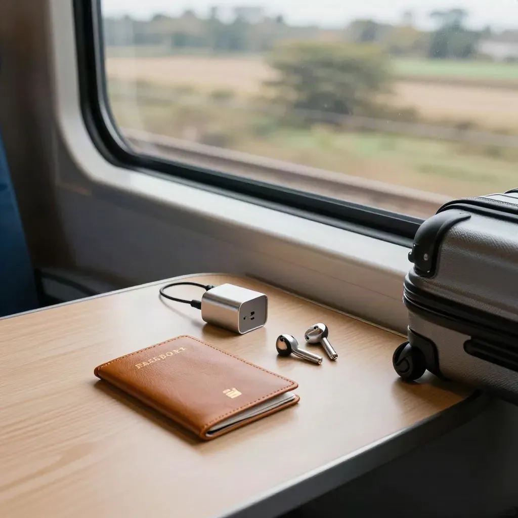 Kit da viaggio con portafoglio passaporto, caricatore e auricolari su tavolino di un treno