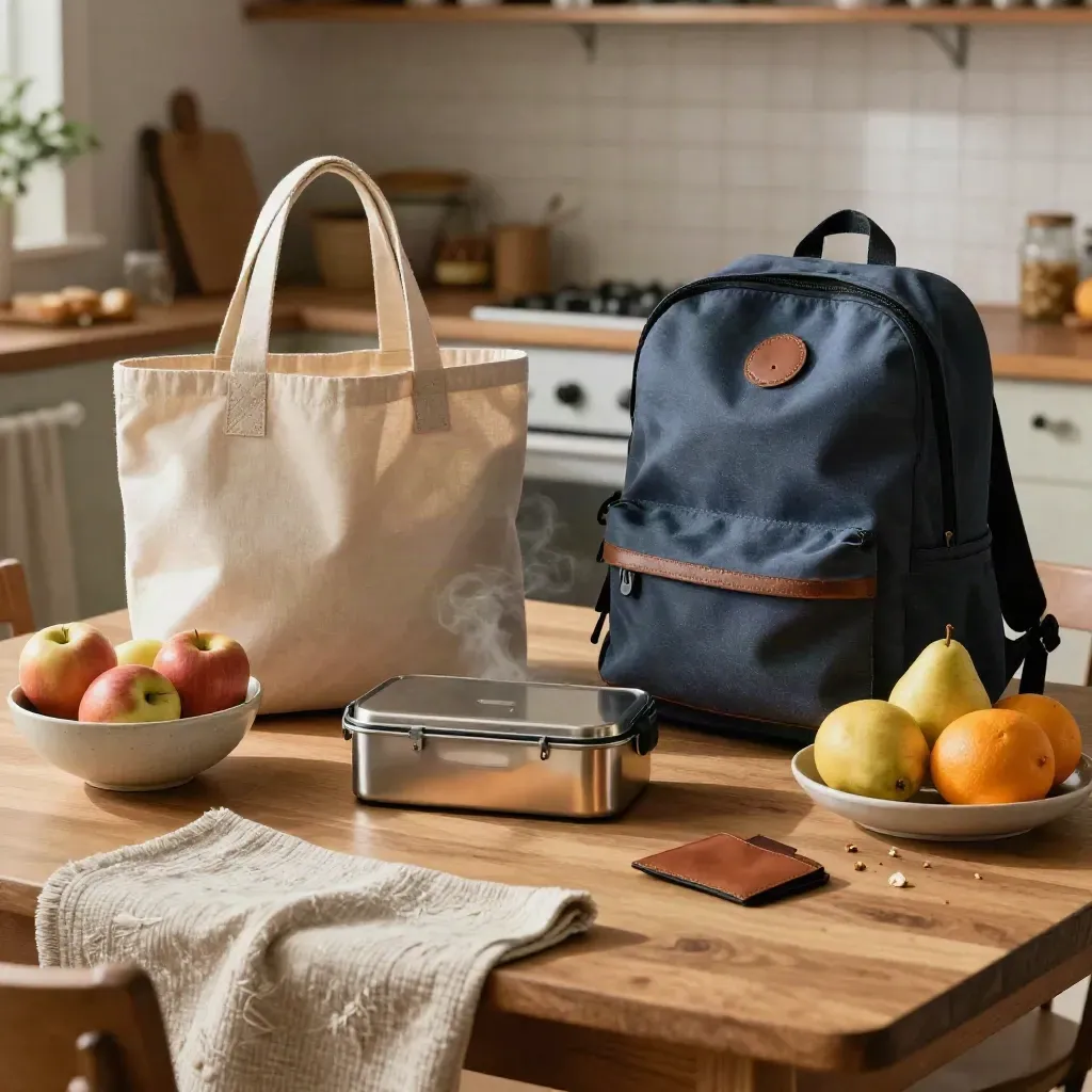 Tote, lunchbox, zaino, porta-carte e fruttiera su tavolo di casa, luce mattutina calda.