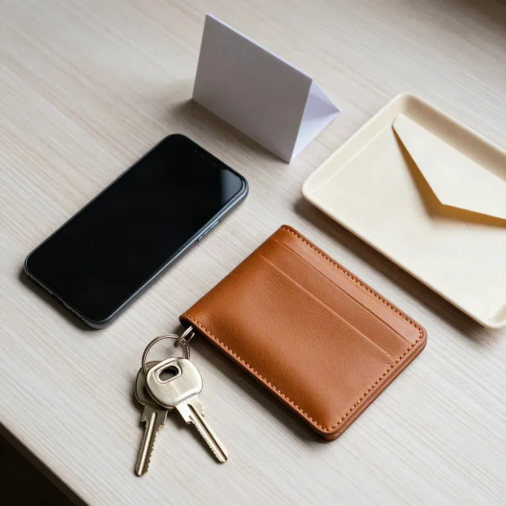Flat lay con smartphone, portacarte, chiavi di casa e vassoio chiaro su legno.