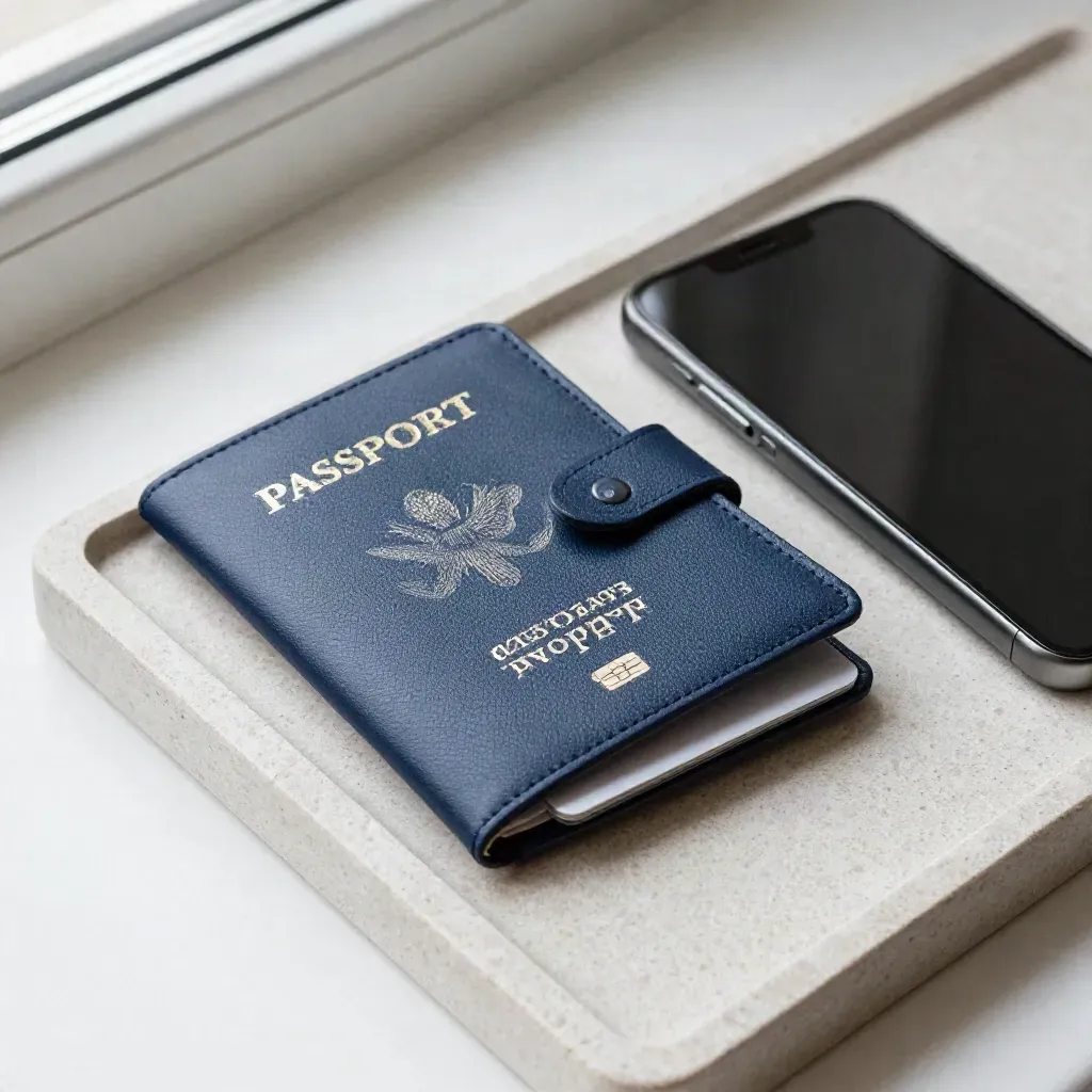 Portafoglio passaporto blu, tessera chip e telefono su vassoio in pietra, luce morbida.
