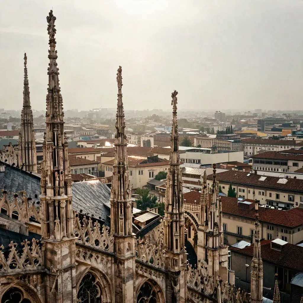 Panorama di Milano con il Duomo tra la foschia e i tetti al tramonto.