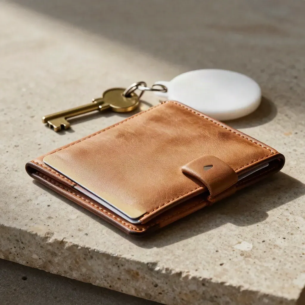 Portafoglio in pelle con carta chip, chiave in ottone e gettone di benvenuto su pietra chiara.