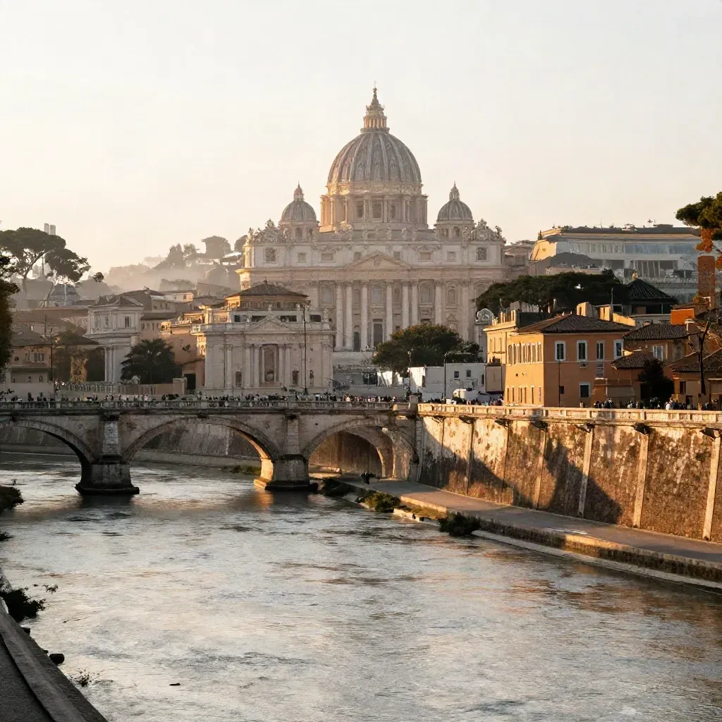 Roma all’alba con il Tevere, cupole e San Pietro nella foschia dorata