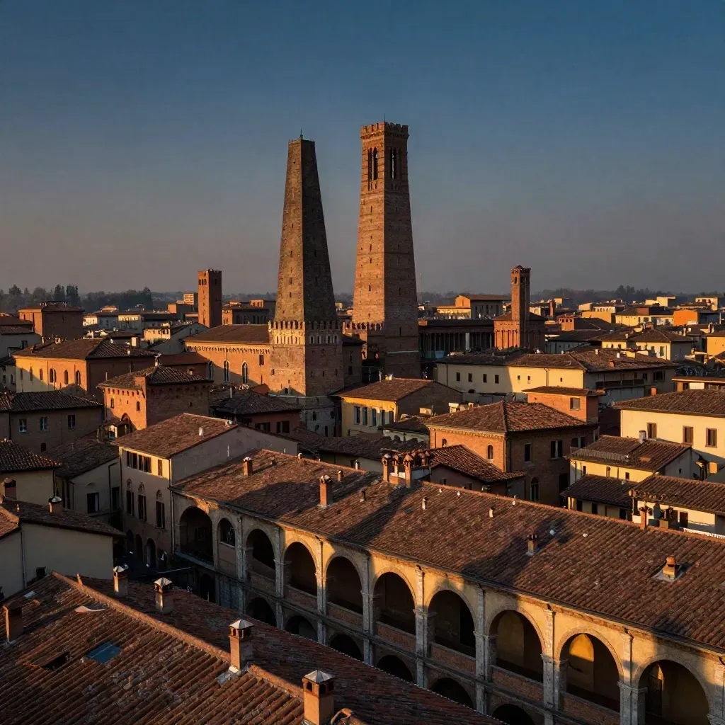 Panorama di Bologna con Due Torri e tetti in terracotta nella luce dorata